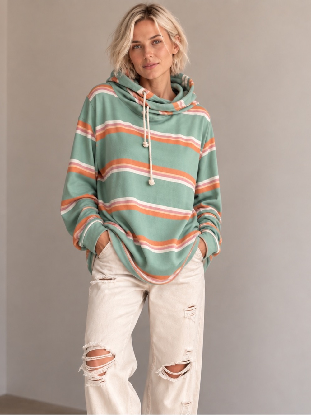 NWT - Ampersand Ave. Double-Hoodie Cowl Neck Cotton Pullover Sweatshirt